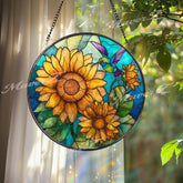 Sunflower Hummingbird Glass Suncatcher: Floral Window Art Decor